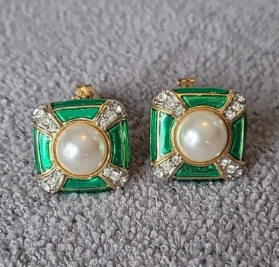 Vintage Butler FAC 80s Green Enamel Faux Pearl Austrian Crystal Clip-on Earrings - Image 1 of 4