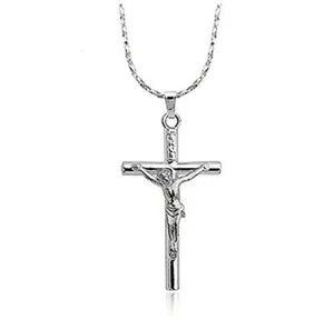 White gold plated Jesus Christ Crucifix Cross Pendant Necklace for Men and Women - Picture 1 of 7