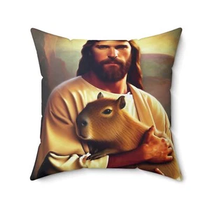 Capybara hält Jesus, Capybara Geschenk, gesponnenes Polyester quadratisches Kissen - Bild 1 von 4