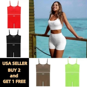Damen 2-teiliges Outfits Yoga Workout Set Sport BH hochtaillierte Shorts Strand - Bild 1 von 8