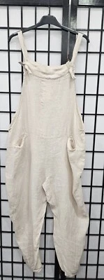 MADE IN ITALY New Ladies Womens Italian Plain Linen Dungarees Fit 10 12 14 16 18