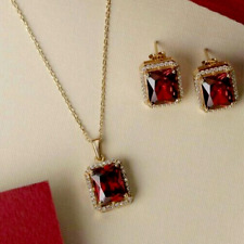 4Ct Emerald Cut Lab Created Red Garnet Women's Jewelry Set 14K Yellow Gold Over