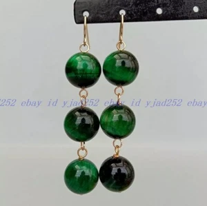 10mm Green Tigers Eye Smooth Round Gemstone Beads Hook Dangle Earrings - Picture 1 of 12