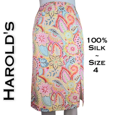 Harold's Silk Straight Skirt Size 4 Boho Mod Retro Graphic Pink Pastel Paisley - Image 1 of 4