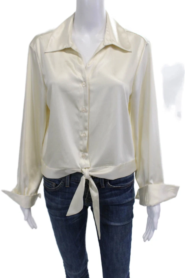 Blusa Drew Mujer Cuello Recortado Abotonada Beige Manga Larga Talla L Foto 1 de 4