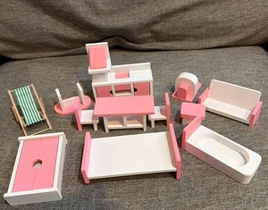 Pink Dolls House Furniture Wooden Set  Dolls Toys For Kids Gift 12 pieces - Picture 1 of 5