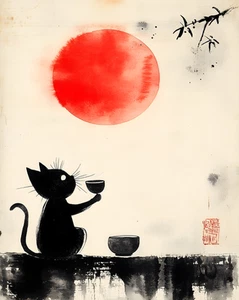 Japanese Zen Cat Poster – Minimalist Ink Wall Art - 12X16/16X20/18X24/24X36 - Picture 1 of 10