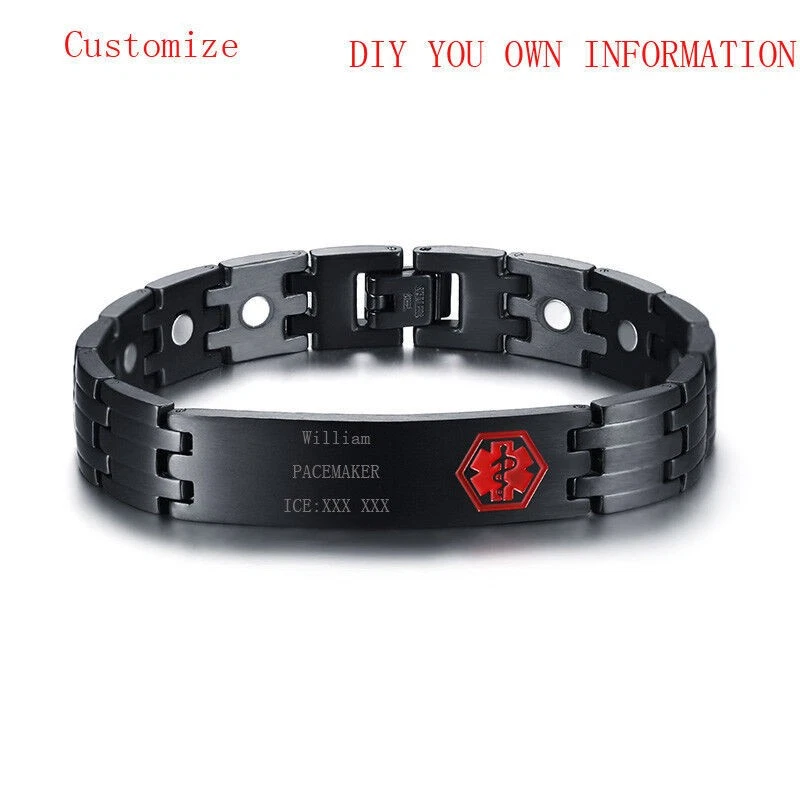 Pulsera Magnética Salud Alerta Médica Identificación Hombres Grabado Gratis Acero Inoxidable Negra Foto 1 de 4