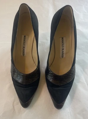 Manolo Blahnik черный замши с коричневый змеиной кожи насосы каблуки ~ размер 6 1/2 ~ GVC - Изображение 1 из 4
