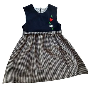 Vintage Girls Dress 6 6X Navy Blue Gingham Tie Waist Heart Applique Colorblock  - Picture 1 of 7