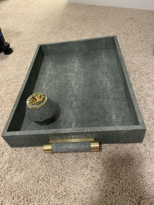 Aerin Classic Embossed Faux Shagreen Brass Hardware Butler Tray & Match Holder - Image 1 of 4