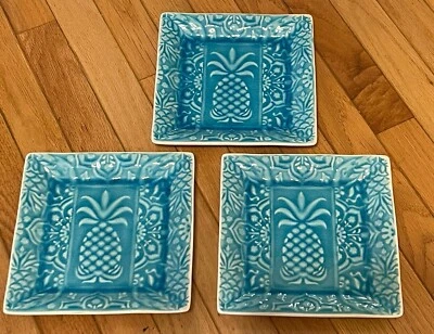 EXC Roscher PINAPPLE TURQUESA Aqua Crackle Design Cuadrado 8" Platos de Ensalada 3 Foto 1 de 4