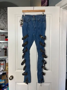 New LEVI'S x HOUSE OF HOLLAND Buckle BLUE SKINNY Jeans SIZE W28 UK 10 DEADSTOCK - Picture 1 of 8