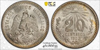 1907 M PCGS MS65+ Straight 7 | MEXICO - 20 Centavos 20C Coin #41287A - Image 1 of 3
