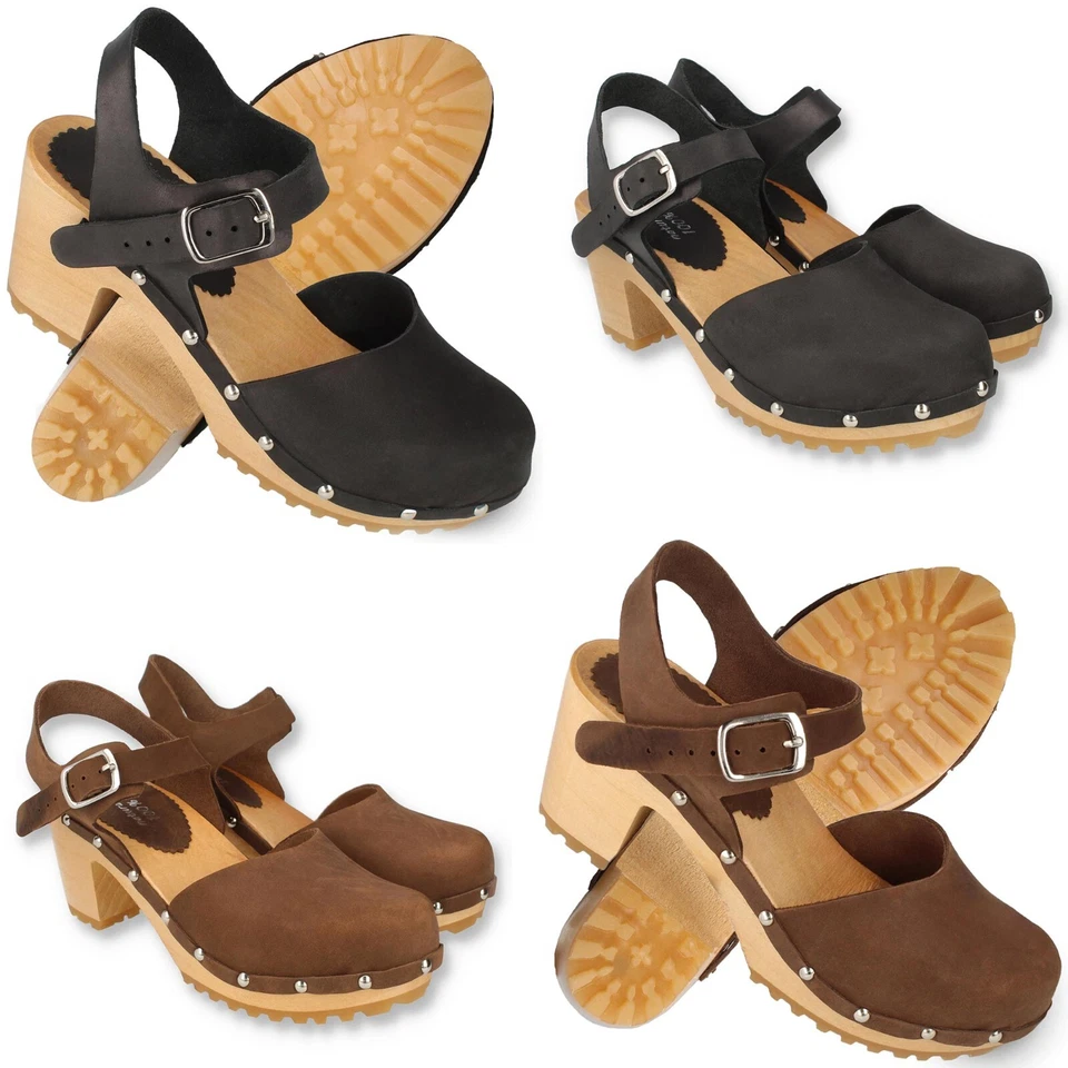 Damen Leder Clogs mit Absatz Holzschuhe Sandalen Gr. 35-41 cloque Battonya - Bild 1 von 1