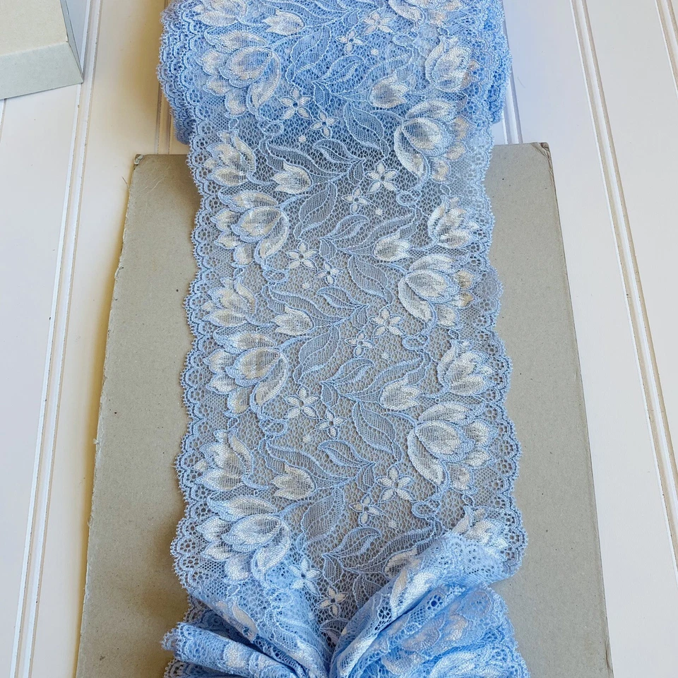 "Ribete de encaje floral azul y blanco elástico para bebé para costura/lencería/artesanía/6,25"" de ancho" Foto 1 de 4