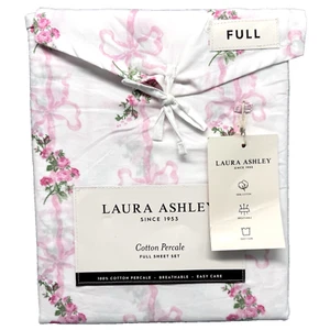4pc Laura Ashley FULL Sheet Set FLORAL RIBBON STRIPE Bows Pink Roses Cottage NEW - Picture 1 of 9