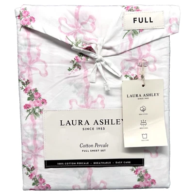 4pc Laura Ashley FULL Sheet Set FLORAL RIBBON STRIPE Bows Pink Roses Cottage NEW - Image 1 of 4