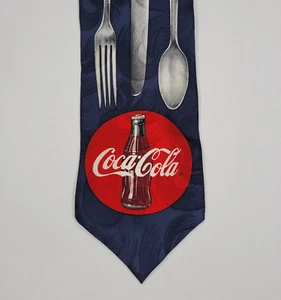 Coca Cola Tie Blue Red Coke Bottle Logo Knife Spoon Fork Silk Made USA Neck Tie - Picture 1 of 10