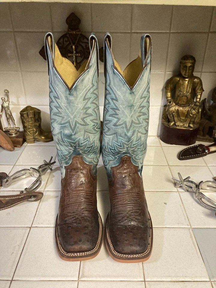JUSTIN BROWN BLUE OSTRICH QUILL SQUARE TOE COWBOY RANCH RODEO DANCE BOOTS 6 B - Image 1 of 4
