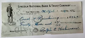 VTG 1930 CHECK ABRAHAM LINCOLN NATIONAL BANK & TRUST CO FORT WAYNE IN - Picture 1 of 2