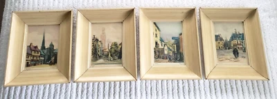 Vintage Framed French European Village Street Scenes Set of 4 Signed Carre 14x12 - Image 1 of 4