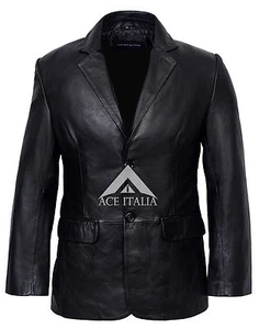 CLASSIC BLAZER Men's BLACK Tailored Soft Real Lambskin Leather Jacket Coat 9124 - Picture 1 of 9