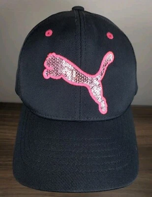 Puma Girls Adjustable Hat Cap Black & Hot Pink Sparkle Bling Logo - Image 1 of 4