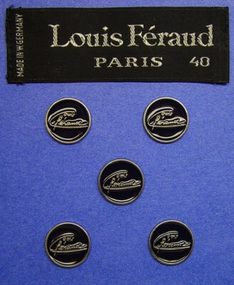 SET OF 5 LOUIS FERAUD BLACK ENAMEL ON SILVER METAL LOGO  BUTTONS GOOD USED COND - Image 1 of 4