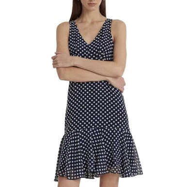 Vestido Ralph Lauren Lunares Gasa Sin Mangas Azul Marino Blanco Talla 8 Nuevo con Etiquetas $125 Foto 1 de 4