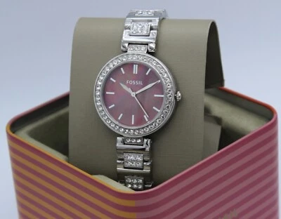 RELOJ BQ3904 NUEVO AUTÉNTICO FÓSIL KARLI CRISTALES PLATA BORGOÑA FREGONA MUJER Foto 1 de 4