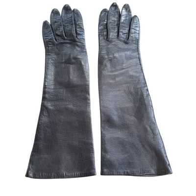 RARO Italia 12" Largo Negro Niño Cuero Guantes Forrados Seda Talla 6.5 Boudoir De Colección Foto 1 de 4