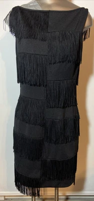 复古悉尼北黑色条纹连衣裙半身像好莱坞 Flapper 及膝礼服 38 英寸 — 第 1/4 张图片