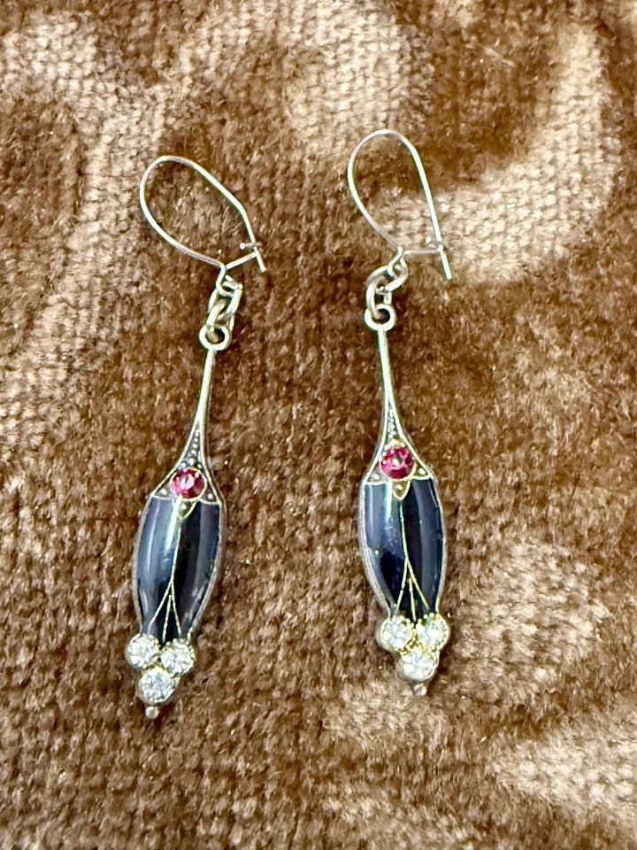 Vintage Ohrringe, Ohrhänger,  Art Deco Stil,  Strass, Emaille, Jugendstil - Bild 1 von 4