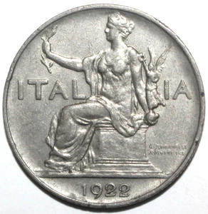 Italian One Lira Coin 1922 R KM# 62 Italy Savoy Shield I - Picture 1 of 2