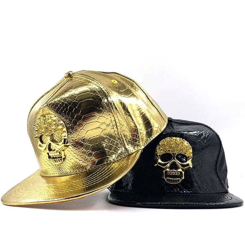 Gorra de béisbol de cuero PU con calavera de ala plana sombrero de hip hop para hombres gorra estilo baile callejero Foto 1 de 4