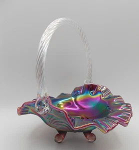 Fenton Opalescent Plum Iridized Flared Footed Drapery Basket with 3-1 edge. - Picture 1 of 4
