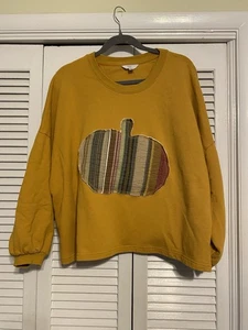 Camicia donna zucca autunno con applicazioni bordo grezzo upcycled boho top taglia XL oro - Foto 1 di 6
