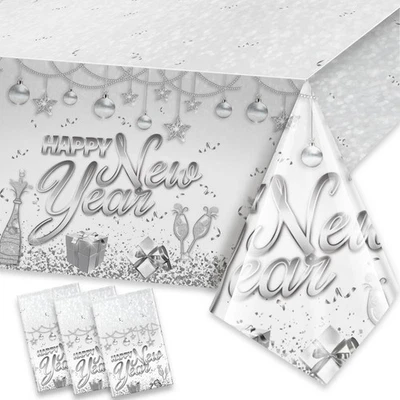 3pcs Silver Happy New Year Tablecloths, Happy New Year Table Cover for New Ye... - Image 1 of 4