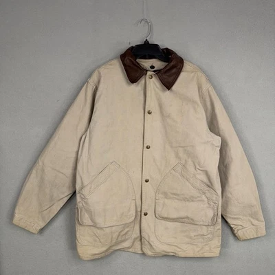 Woolrich Jacket Mens Medium Tan Canvas Wool Lined Barn Chore Coat Leather Collar - Image 1 of 4