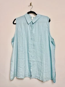 Eileen Fisher Womens Top Plus Size 1X Blue Sleeveless Button Linen Shirt Blouse - Picture 1 of 5