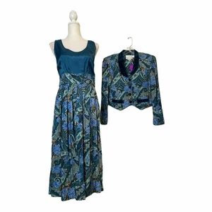 Vtg 80s/90s Karin Stevens 2 pieces Midi Sheath Dress Floral blue Blazer Sz 10 - Picture 1 of 12