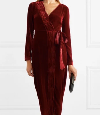 Vestido de Terciopelo Rachel Zoe Aly Talla 8 Rojo Imitación Envoltura Fiesta Fiesta Corbata Cintura Midi Foto 1 de 4