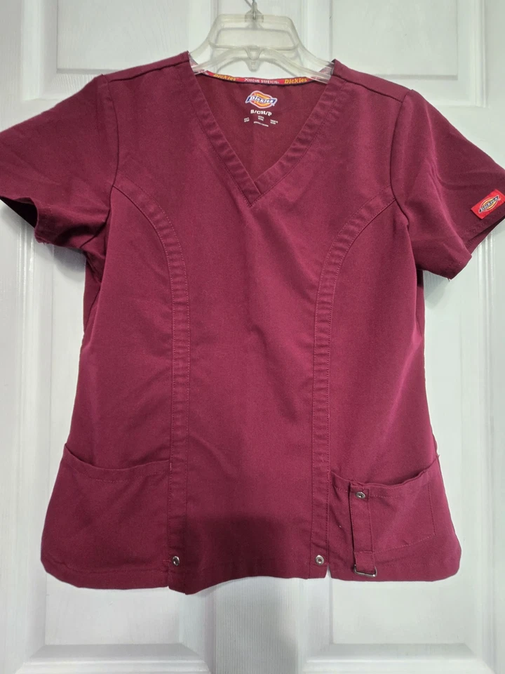 Dickies XTREME STRETCH Women's Scrub Top size S-Wine V-Neck-Chest 20"/L 23.5" - Image 1 of 4