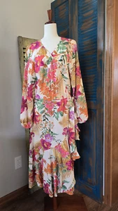 H&M Floral Flowy Boho Ruffle Maxi Wrap Dress XL Pink Org Gr Coquette Cottagecore - Picture 1 of 18