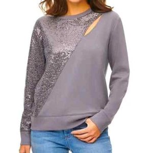 DKNY Sequined Cut-Out Pullover Sweatshirt Women XL Gray Embellished Keyhole NWT - Picture 1 of 13