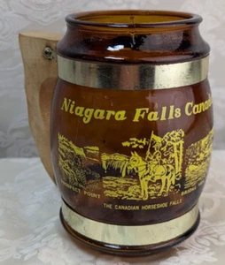 Vintage Niagara Falls Canada Souvenir Brown Glass Mug Wooden Handle Stein - Picture 1 of 9