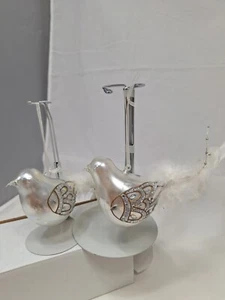 Vintage Pair 4.25" White & Silver Bird Figural Holiday Christmas Ornament 1990s - Picture 1 of 14
