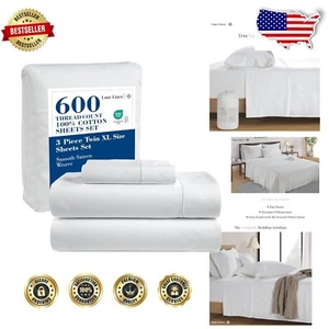 600 Thread Count White Twin XL Sheet Set - Ultra Soft Cotton with Deep Pockets - Picture 1 of 11