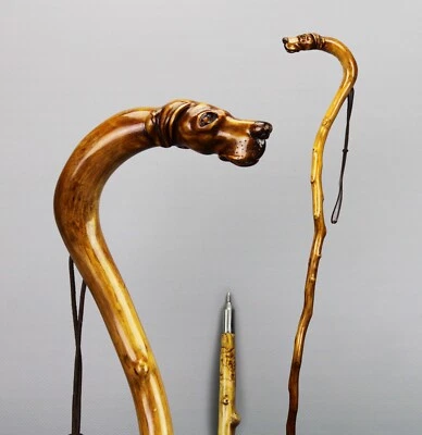 Bastón de caza de madera dura hecho a mano con perro Foto 1 de 4